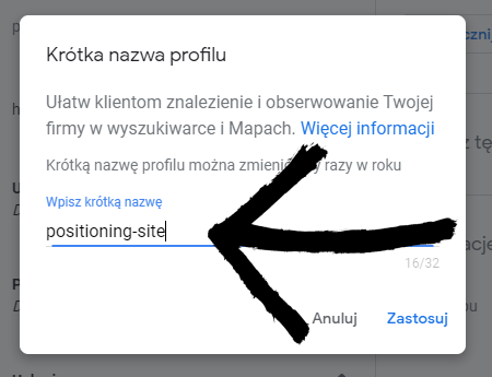 krotki url do wizytówki Google Moja Firma krok 3